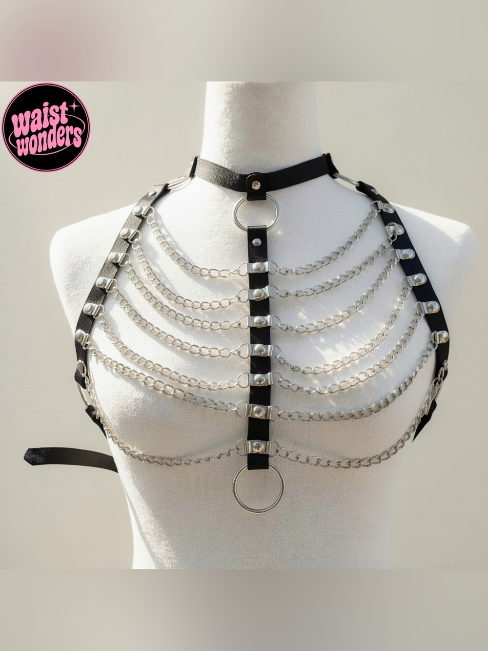 Y2K 2000s style Silver Chain Harness with Black Leather Straps and Silver Studs